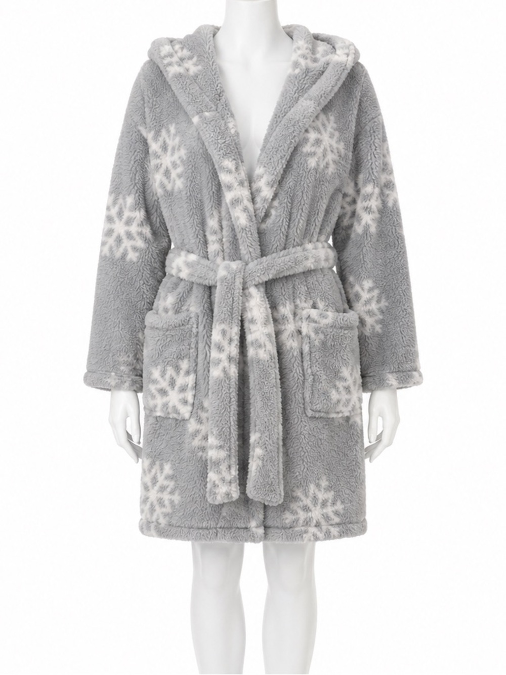 Colsie Women's M/L Gray White Snowflake Plush Hooded Fleece Robe